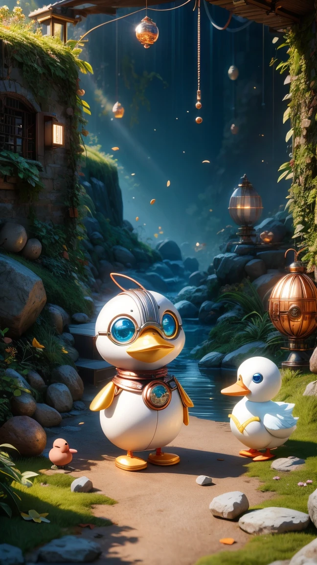 Pixar style, (Blind box toy style:1.2), Cute mechanical duck wearing clothes，透明发Light，霓虹灯Light，High precision mechanical parts，Its body is made of high-quality copper and silver.，眼睛像两颗发Light的宝石，Clean, White background, (global illumination, Light线追踪, high dynamic range, Unreal rendering, Reasonable design, high detail, masterpiece, best quality, ultra high definition, Light)，chibi, 3d