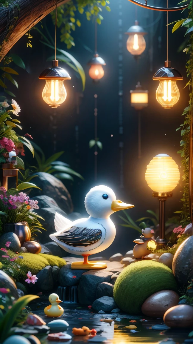 Pixar style, (Blind box toy style:1.2), Cute mechanical duck wearing clothes,透明发Light,霓虹灯Light,High precision mechanical parts,Its body is made of high-quality copper and silver.,眼睛像两颗发Light的宝石,Clean, White background, (global illumination, Light线追踪, high dynamic range, Unreal rendering, Reasonable design, high detail, masterpiece, best quality, ultra high definition, Light),chibi, 3d