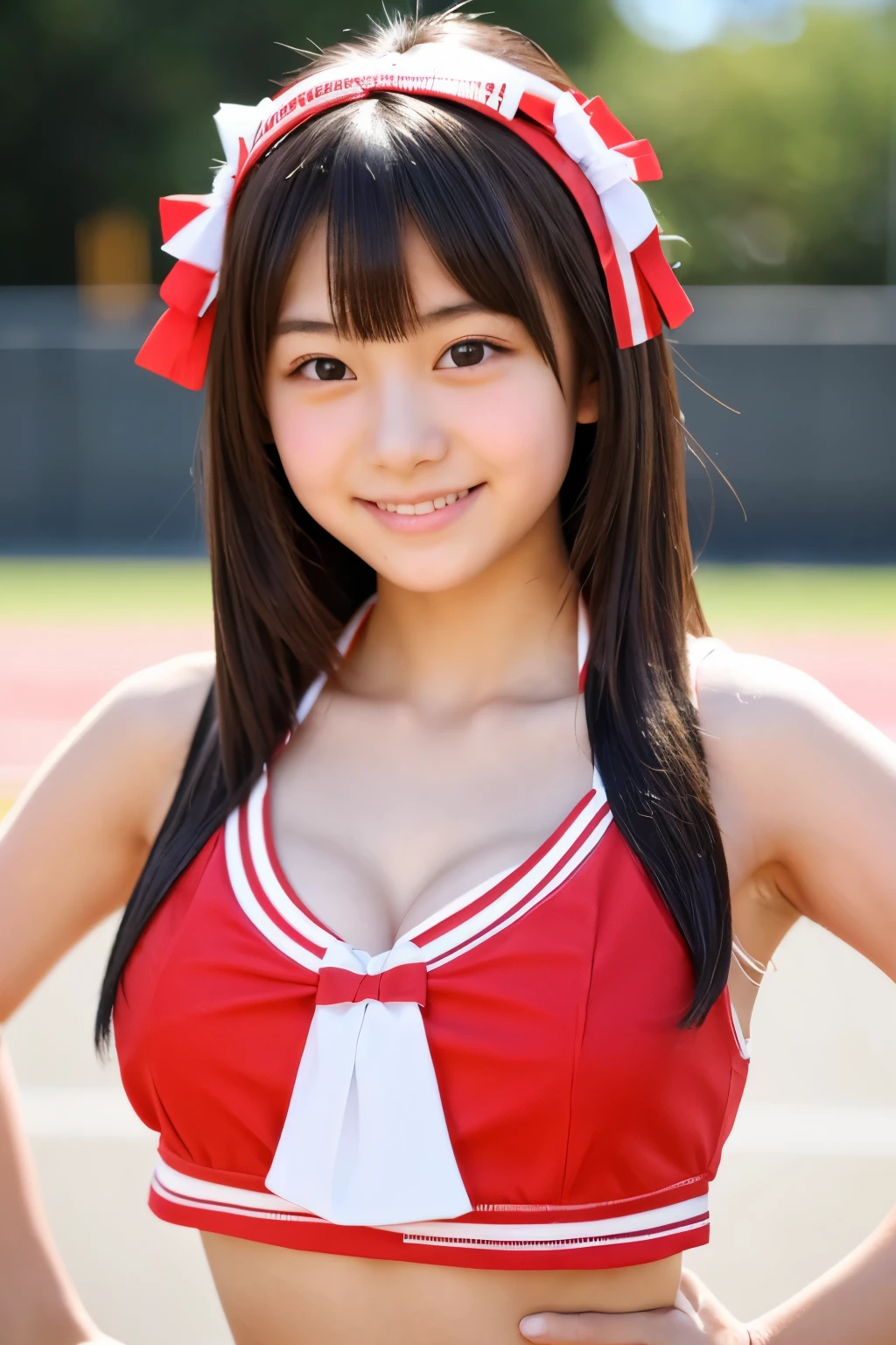 A 17-year-old Japanese girl with a very cute idol-like face.。Gentle and cute。Please smile kindly。She is a cheerleader at school　Cheerleader uniforms are bikini-style and show off cleavage　larger bust　full body figure　I'm rooting for the game　Raw photo　real　genuine　High definition　real life　No copyright notice