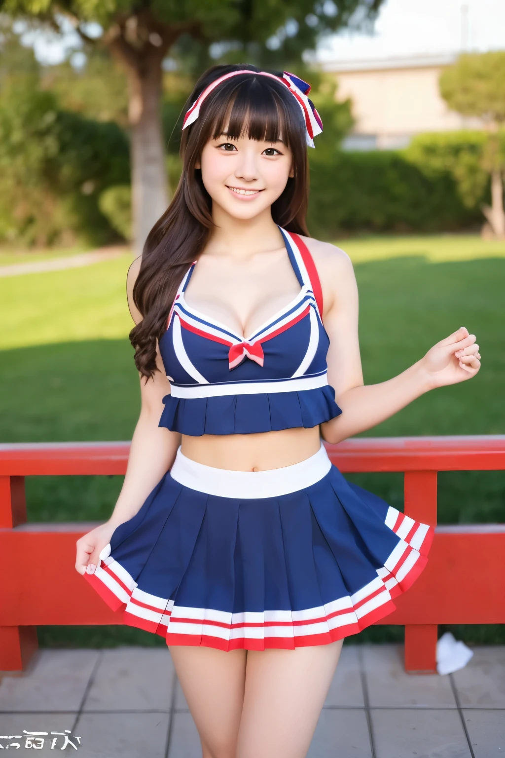 A -yeld Jaese girl with a very cute idol-like face.。Gentle and cute。Please smile kindly。She is a cheerleader at school　Cheerleader uniforms are bikini-style and show off cleavage　larger bust　full body figure　I'm rooting for the game　Raw photo　real　genuine　High definition　real life　No copyright notice