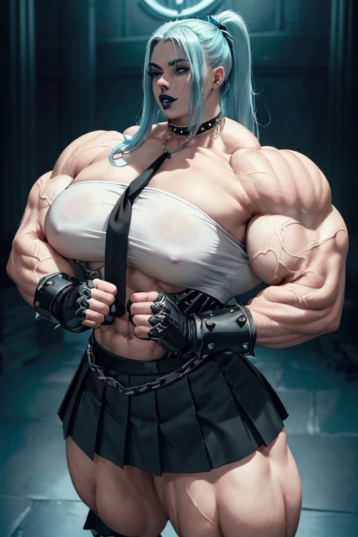 (((((Massive, tall, beautiful, buff, pale white skinned muscular with cyan hair, black lipstick, ginormous bulky muscles, wearing a black gothic uniform with pleated skirt and tie))))), close view, (black lipstick), massive muscle, massive biceps, hyper muscle shoulders, (ginormous muscle arms), hyper muscle triceps, (beachy long hair), purple eyes, choker, (chain belt), black boots, (spiked gauntlets), (fingerless gloves), (standing in a dark school), sensual glare, night, hyper vascular arm, hyper muscles arms, hyper muscle legs, (ginormous arms).