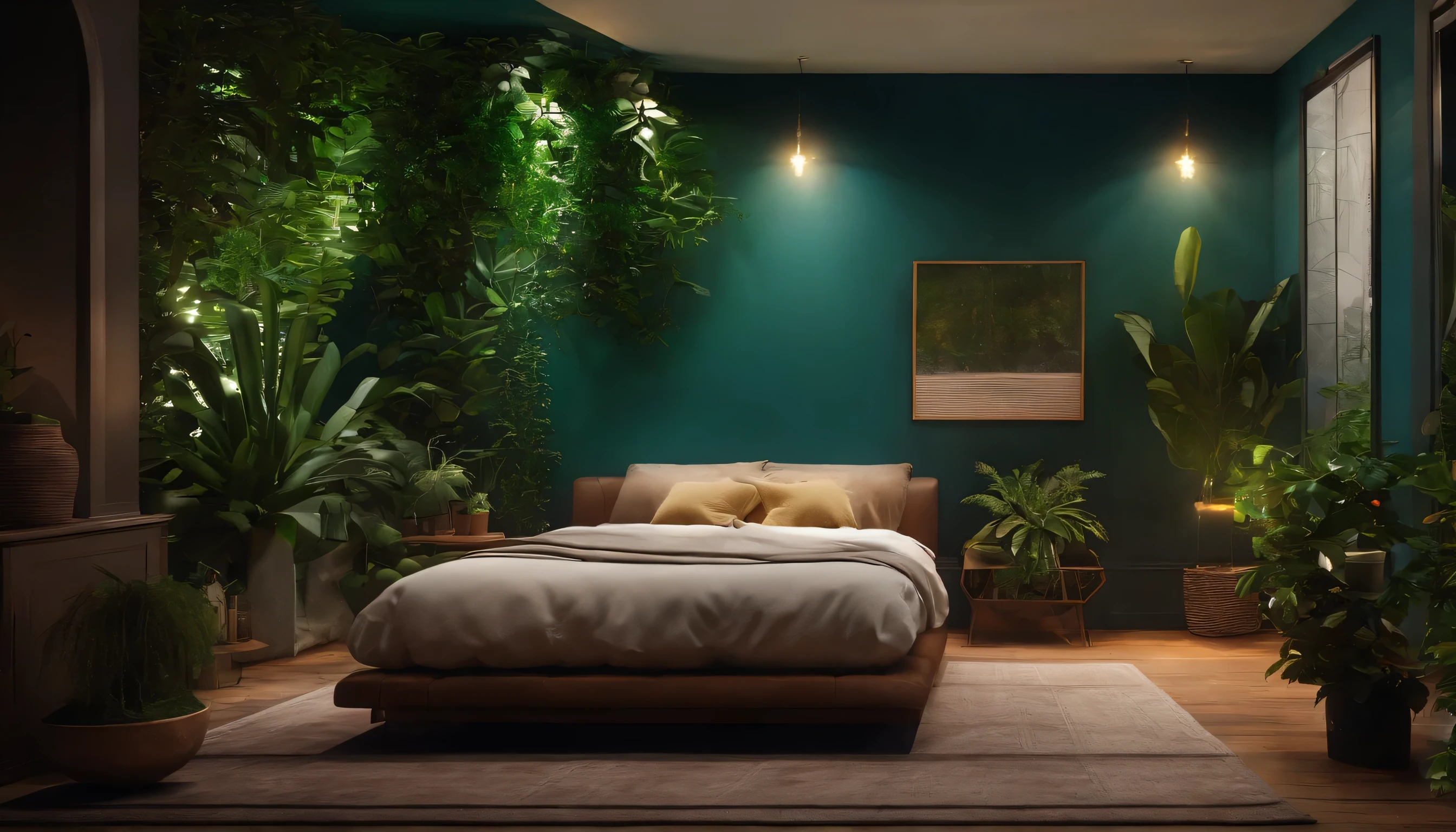 Crie um cenario em uma sala realista com plantas e luzes