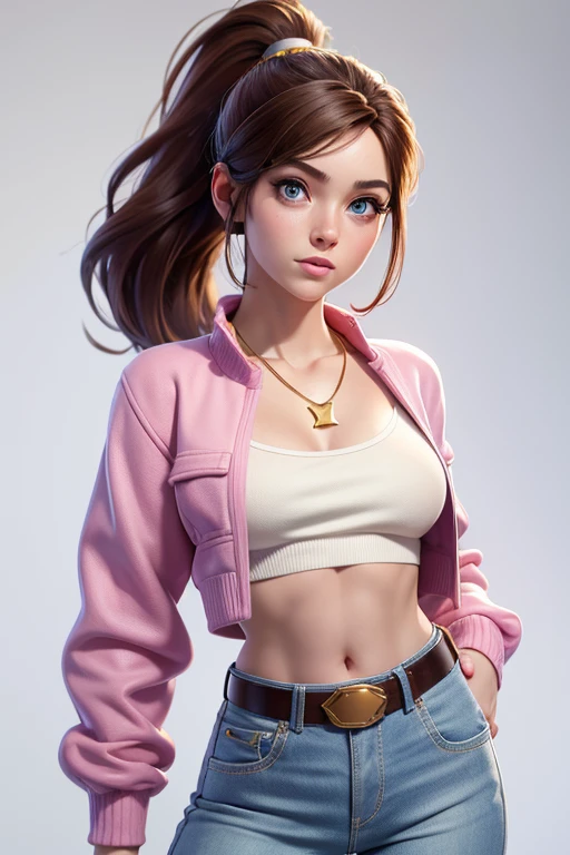 Kitty Pryde with a dark brown ponytail hair, big blue eyes, very small breasts, belt, cotton cream top and open pink cotton sweater jacket on top!, gold necklace, low-rise cream denim pants, slim body, covered navel, cropped legs, cotton, front view!, white background, realistic colors, front view, light coming from the right, 8K image quality, Masterpiece