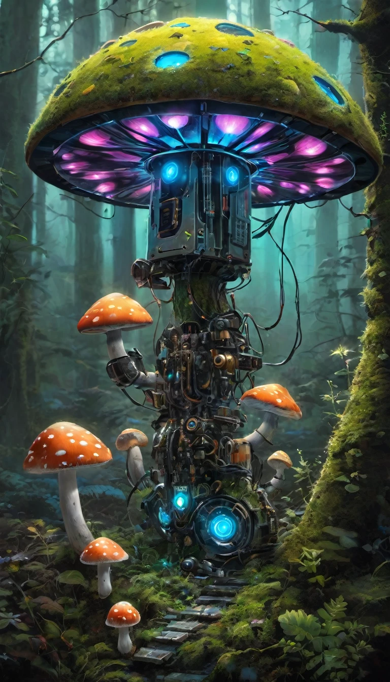 Bioluminescent Mushroom Robot, painting, Detailed robot with glowing mushrooms, bright colors, Hyper-realistic lighting, Super detailed mushroom, realistic robot design, Complex robotic components, Enchanted forest setting, Mossy limbs, Mossy appearance, Mechanical gears, Ethereal atmosphere
