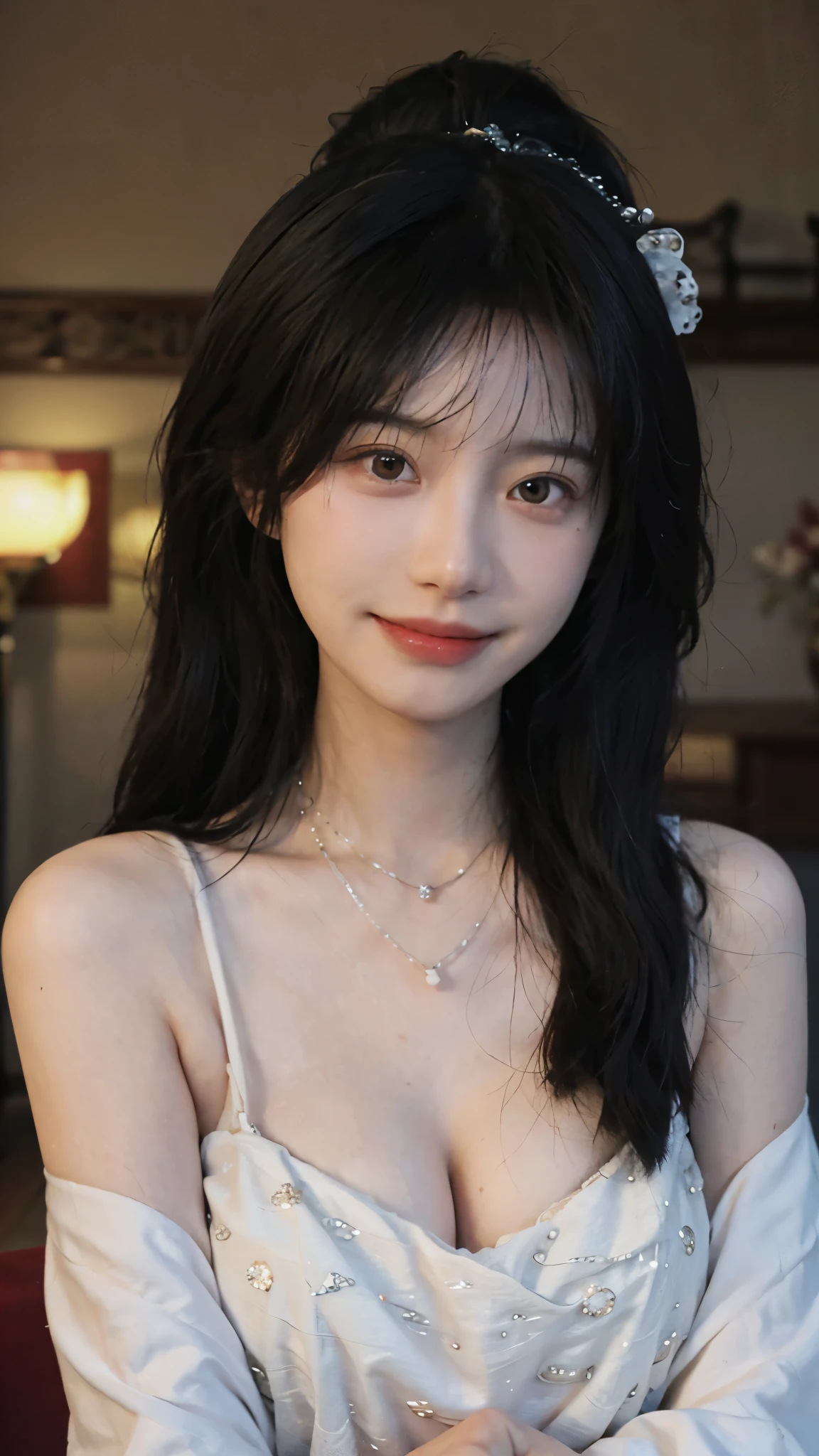 best quality， ultra high resolution， （realistically：1.4），cute hairpin，Baoyu Girl，Standing in the wedding hall，（flat chest：1.2） ，A pair of clear and charming peach blossom eyes,Royal sister，The sun shines on the face，Big wavy hairstyle，（necklace：1.2），（White skin：1.4），a sense of atmosphere，a beautiful girl， Smile，Looking directly at the viewer， Close-up cleavage ，(lifelike:1.4),1 girl,Sexy,(Upper body:1.4),(wet),(:1.2)