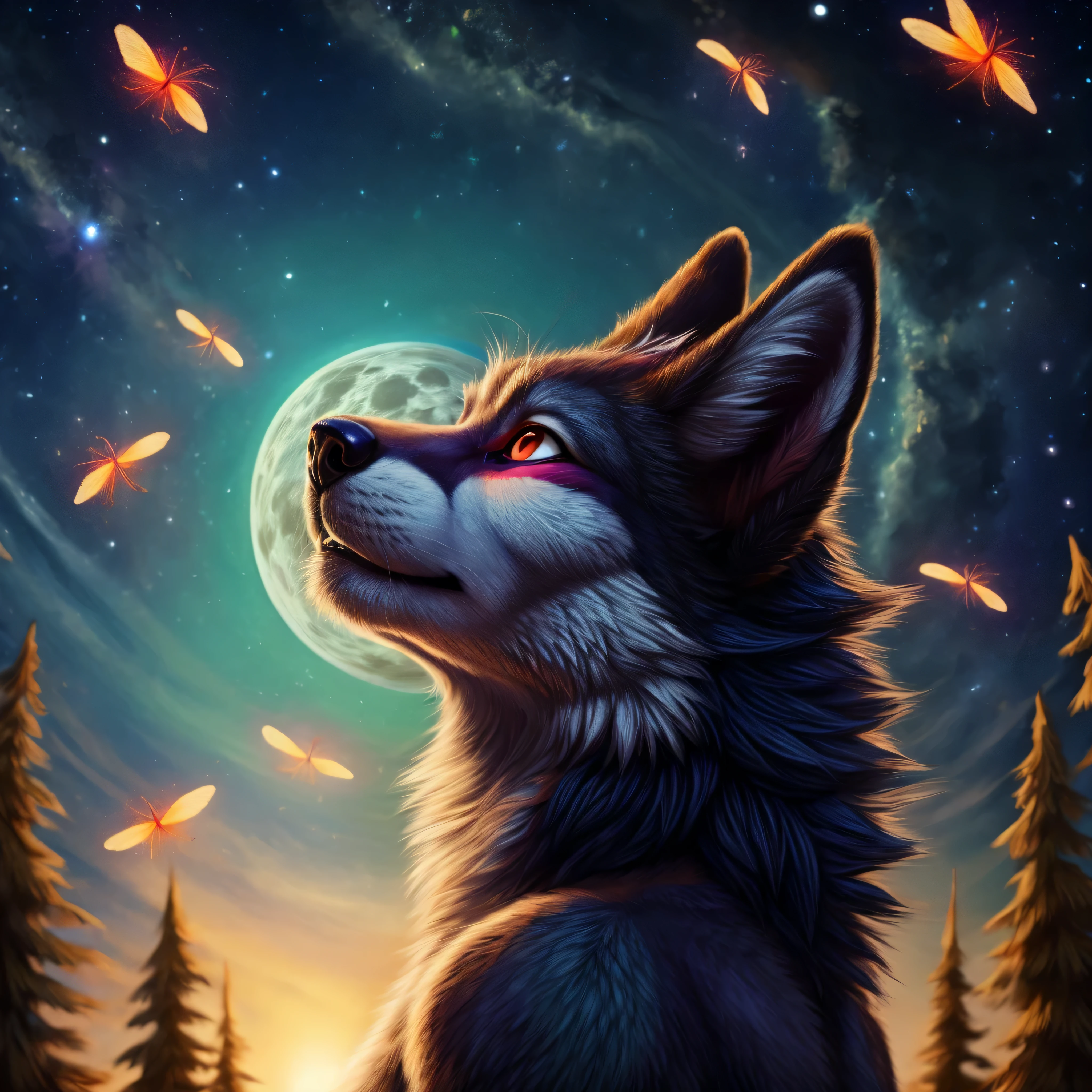 uploaded on e621, (by purplelemons, by kiyosan, by prsmrti, by hioshiru), (solo, female, silver fox, whiskers), (long hair, teal hair), (long tail, fluffy tail), (black sclera:1.3), (red eyes, glowing eyes), ((small breasts)), (muscular:1.3), white fur, (side view), (looking up:2), (breath cloud:1.1), BREAK, ((starry dark sky with galaxies)), ((blue moon)), ((the forest illuminated by the night moonlight)), ((fireflies around the character)), broken glass effect, iridescent and luminescent scales, breathtaking beauty, pure perfection, divine presence, volumetric light, rays, vivid colors reflects, absurd res, rich deep colors, masterpiece, (sharp focus:1.5), energy, light aura, varies multi etc. --v 6 --s 1000 --c 20 --q 5 --chaos 100