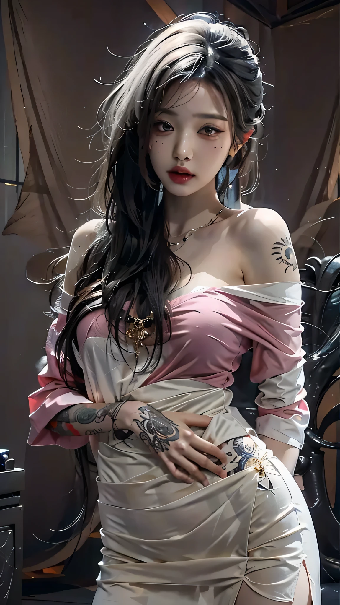 photorealistic, high resolution, soft light,1women, solo, hips up, (detailed face), jewelry, tattoo, dress mafia clothing, black hair, super long hair, looking viewers, tatto, messy hair, close up, small breast, adult