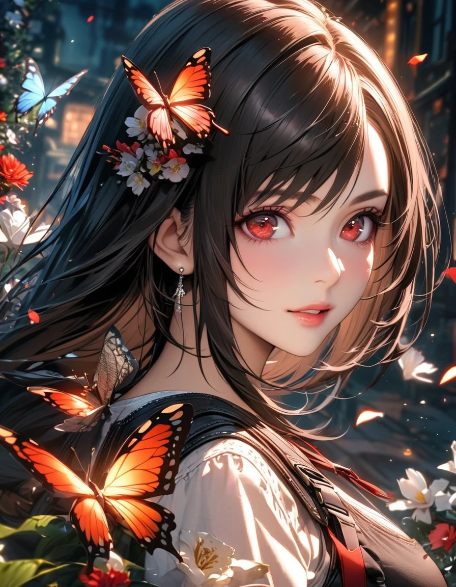Ultra detailed, Highres, absurdres, HDR, Tifa Lockhart, red eyes, black hair, Final Fantasy VII Remake, extremely beautiful, 1 woman only, very detailed face and eyes, flowers and petals, butterflies