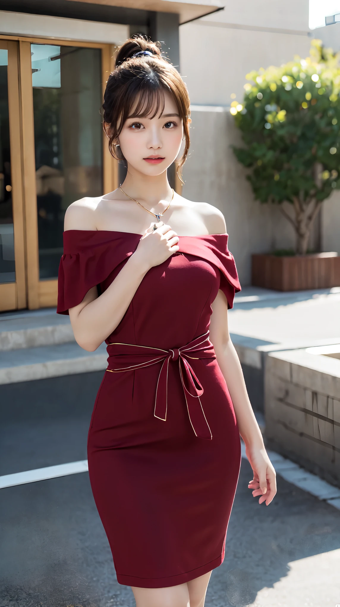 body、Full body Esbian、Picking up something that was dropped on the floor、Very small waist、(very big breasts:1.3)、ponytail、plump thighs、natural skin、Extra-fine face、 extra thin hands, Very thin fingers, Best ratio、surreal, ((cute dress、Exposing too much skin、off shoulder、The length is short and the thighs are visible))、cheeks turn red、body covered in 、Cross Necklace、((18-year-old female:1.ung adorable japanese face, official art,Highly detailed CG Unity 8K wallpaper,(masterpiece:1.0),(highest quality:1.0), 超A high resolution,4k,Super detailed, photo shoot, 8K, nffsw, High resolution, kodak portrait 400, film grain, lens flare glow,高いest quality,8K,nffsw:1.2),portrait shot,8K、View viewer