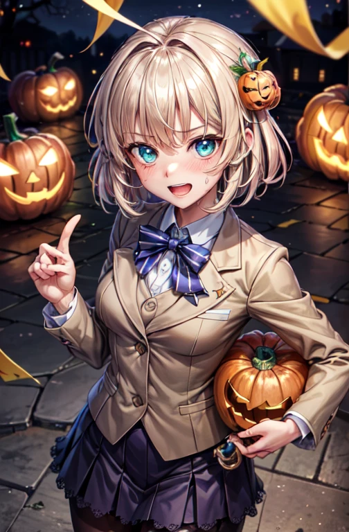 woman,************,,city,night,(((Beige blazer school uniform))),open mouth smile, ((There are two stray hairs coming out of my head.)), ((可愛いクッキーのhair ornaments)), ((baby girl body shape)), 1 girl, Artoria Pendragon,destiny,aphrodisiac,Lie,Things to know,full of sweat,Wet Area, Areol, defenseless,embarrassing,please be shy,Knead the milk,Emphasis on milk,Len,breast milk, Knight King,Noble,ring,既婚woman, Pointing straight up, (highest quality:1.1), (masterpiece:1.4), (absurd:1.0), Portrait, Close-up, 1 girl、Momoberia Deviluke、hair ornaments、Beautiful bob cut、beautiful short hair、emerald blue eyeedium chest、looking at the viewer、(blush:1.2)、embarrassed look、Mesh pantyhose、black background、((Pumpkin lantern)), Striped pattern, ((Has a troubled look)), There is a donut on the body,