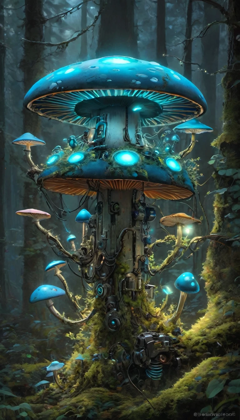 Bioluminescent Mushroom Robot, painting, Detailed robot with glowing mushrooms, bright colors, Hyper-realistic lighting, Super detailed mushroom, realistic robot design, Complex components, Enchanted forest setting, Mossy limbs, Mossy appearance, Mechanical gears, Ethereal atmosphere