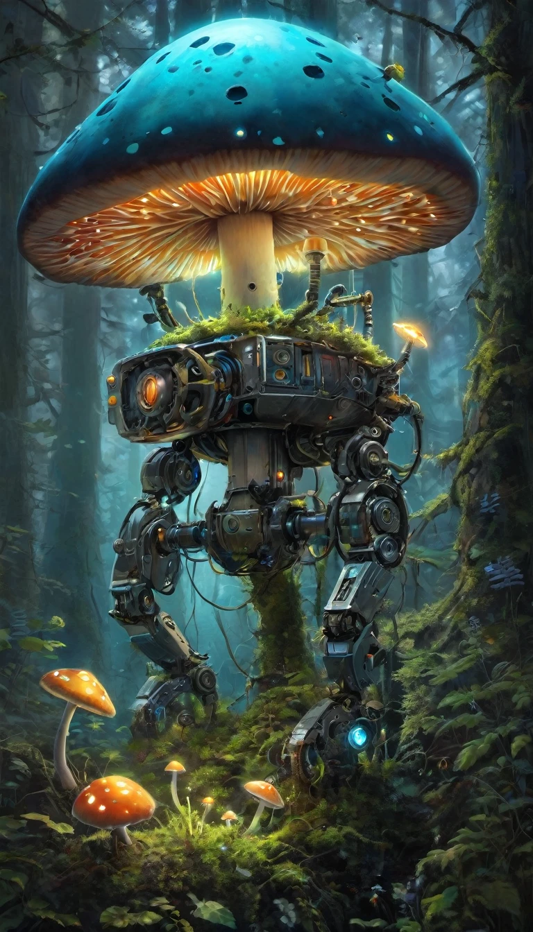 Bioluminescent Mushroom Robot, painting, Detailed robot with glowing mushrooms, bright colors, Hyper-realistic lighting, Super detailed mushroom, realistic robot design, Complex components, Enchanted forest setting, Mossy limbs, Mossy appearance, Mechanical gears, Ethereal atmosphere