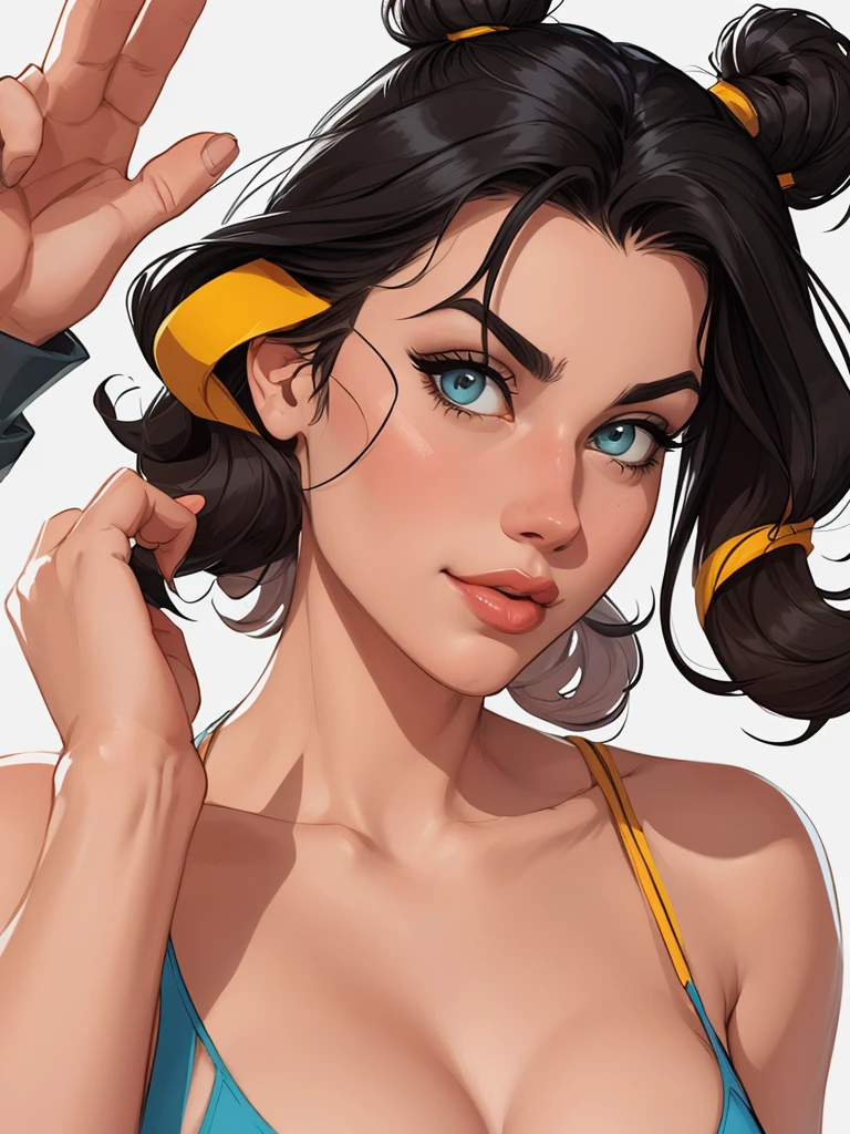 Solo, jewish girl, cascina caradonna, 1girl, (very curly open wild dark brown hair), wide seductive lips, smirking, skin, larger nose, high detailed face, 4k , camletoe, (small breasts, straight waist,wide hip, slightly chubby body,inflated legs,thick thighs,(detailed face)), 4k, look at camera, highly detailed face, ((showering in brightly lit yellow tiled bathroom)), ((one-piece swimsuit)), ((((head portrait)))), ((extremly exaggerated open-mouth-laugh))