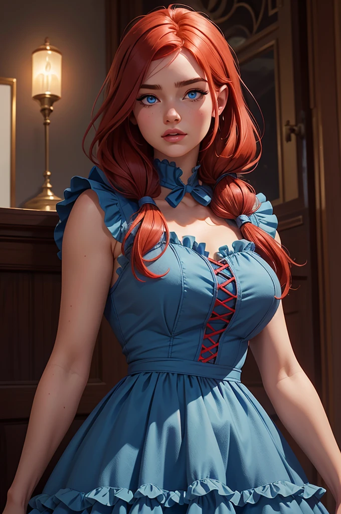 Cute Farmgirl With Pigtails. ((Red Haired Woman, Hairlong)), Perfectly Round Face. Beautiful Cute Face, Big Beautiful Voluptuous Lips, Charming Beauty, ((Kind Expression On His Face)), ((Big Beautiful Detailed Blue Eyes)), Thin Waist, Wide Hips ((Frilly Dark Blue Dress, Demure dress, very high neckline)) (Higly Detailed)),Official Art, Award Winning Digital Painting, Digital Illustration, Extreme Detail, 4k, Ultra Hd, Rococo, Polished, Intricate, Realistic Fantasy Art, Sharp Focus, Concept Art, Art By Wlop, Artgerm, (2d Vector Illustration) Light, Airy, HourGlass Figure. Ellie Bamber