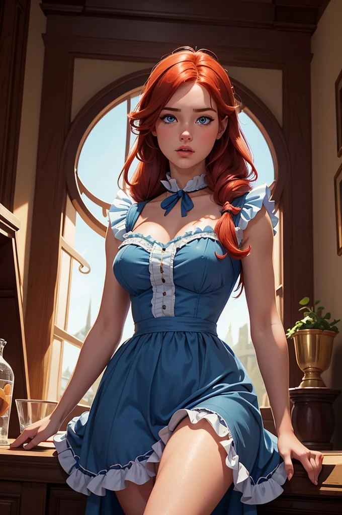 Cute Farmgirl With Pigtails. ((Red Haired Woman, Hairlong)), Perfectly Round Face. Beautiful Cute Face, Big Beautiful Voluptuous Lips, Charming Beauty, ((Kind Expression On His Face)), ((Big Beautiful Detailed Blue Eyes)), Thin Waist, Wide Hips ((Frilly Dark Blue Dress, Demure dress, very high neckline)) (Higly Detailed)),Official Art, Award Winning Digital Painting, Digital Illustration, Extreme Detail, 4k, Ultra Hd, Rococo, Polished, Intricate, Realistic Fantasy Art, Sharp Focus, Concept Art, Art By Wlop, Artgerm, (2d Vector Illustration) Light, Airy, HourGlass Figure. Ellie Bamber
