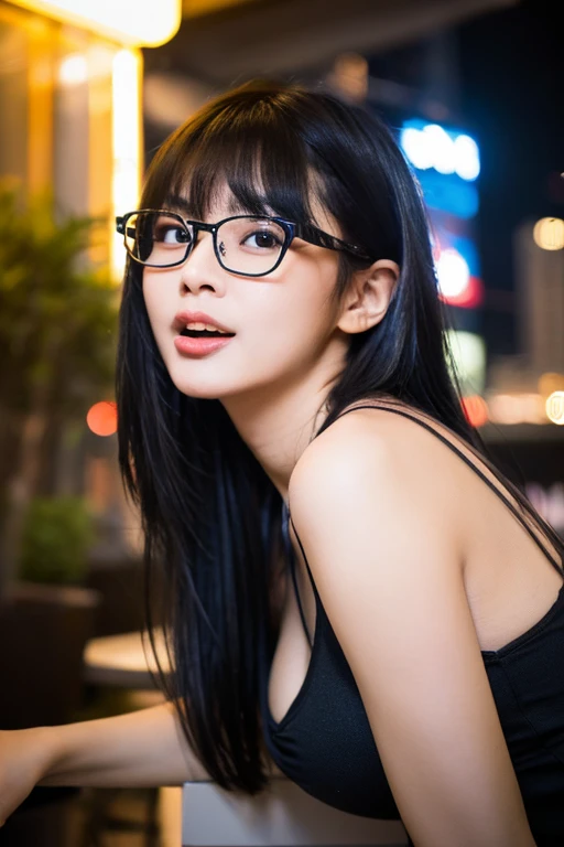 (masterpiece, highest quality, High resolution,8K, RAW images), A beautiful and simple 35 year old Japanese woman, Wearing glasses, Beautiful long shiny black hair, snappy bangs, shiny face, shiny skin, Depth of written boundary, chromatic aberration, caustics, natural shading,  kind, smile, Small devil,cute face, thighs, film grain, chromatic aberration, sharp focus, face light,  detailed face, background bokeh, huge breasts, slender body, Modest and feminine clothing, open mouth and stick out tongue, Back alleys of Shinjuku at night, full shot, Photographed at the best angle