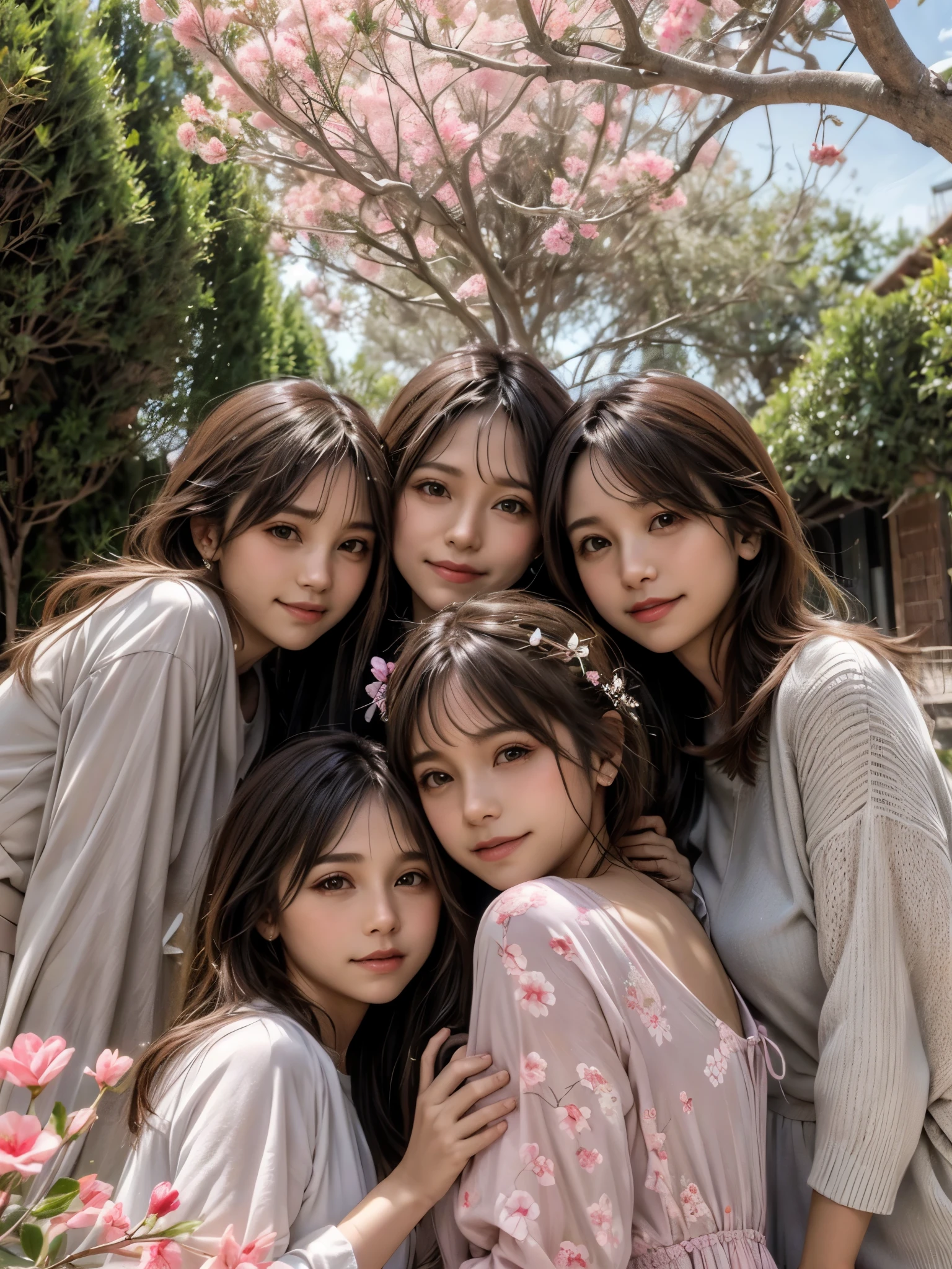 They are in front of a tree with pink flowers, uma tarde ensolarada