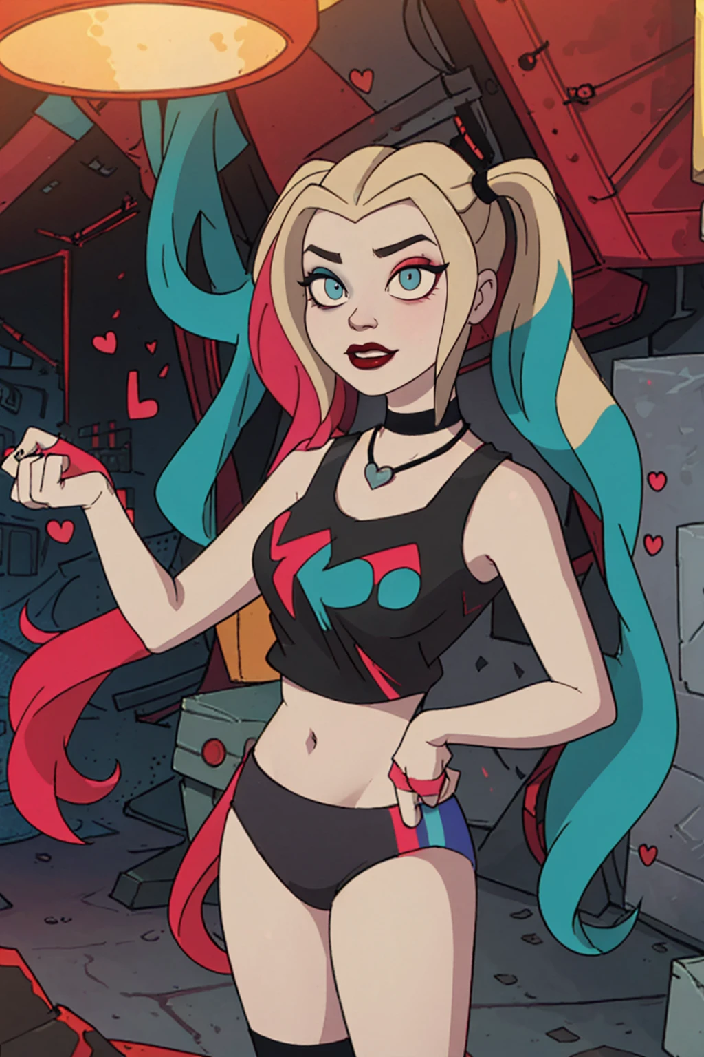 (Harley Quinn, harleyquinn:1.0), blonde pigtails with blue and pink ends, blue eyes, red lipstick, pink and blue eye shadow, heart on cheek, (half red and black crop top tank top, red and black underwear:1.2), sneakers with pom pom, black necklace, pale white skin, (full-body-shot:1), (Cowboy-shot:1.2),neon lighting, dark romantic lighting, (highly detailed:1.2),(detailed face:1.2), (gradients), colorful, detailed eyes, (detailed landscape:1.2), (natural lighting:1.2),(detailed background),detailed landscape, (cute pose:1.2), 