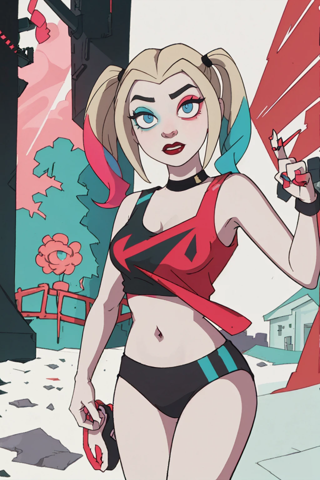 (Harley Quinn, harleyquinn:1.0), blonde pigtails with blue and pink ends, blue eyes, red lipstick, pink and blue eye shadow, heart on cheek, (half red and black crop top tank top, red and black underwear:1.2), sneakers with pom pom, black necklace, pale white skin, (full-body-shot:1), (Cowboy-shot:1.2),neon lighting, dark romantic lighting, (highly detailed:1.2),(detailed face:1.2), (gradients), colorful, detailed eyes, (detailed landscape:1.2), (natural lighting:1.2),(detailed background),detailed landscape, (cute pose:1.2), 