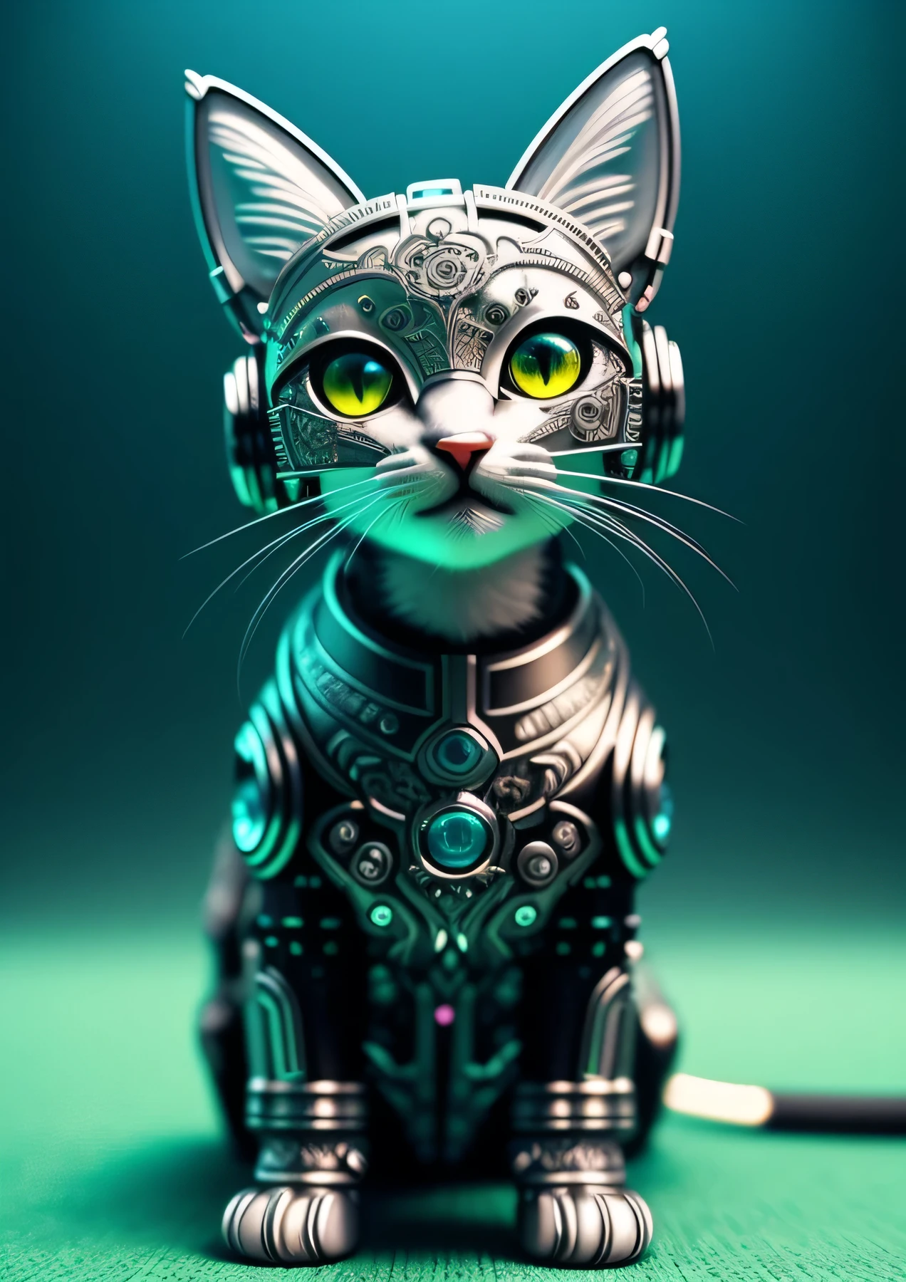 a cute kitten made out of metal, cyborg, cyberpunk style, ((intricate details)), hdr, ((intricate details, hyperdetailed)), cinematic shot, vignette