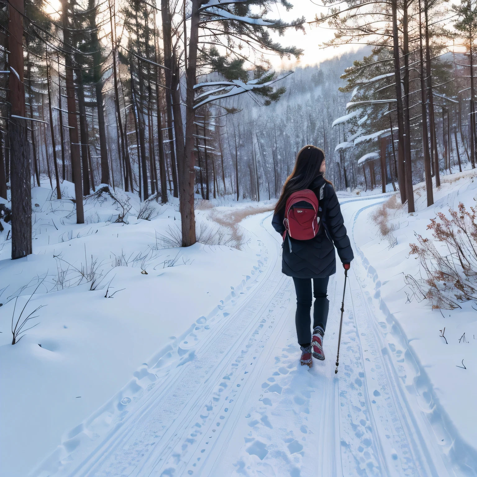 Beautiful girl with long hair on the snowy path in the forest in the morning。Walking back