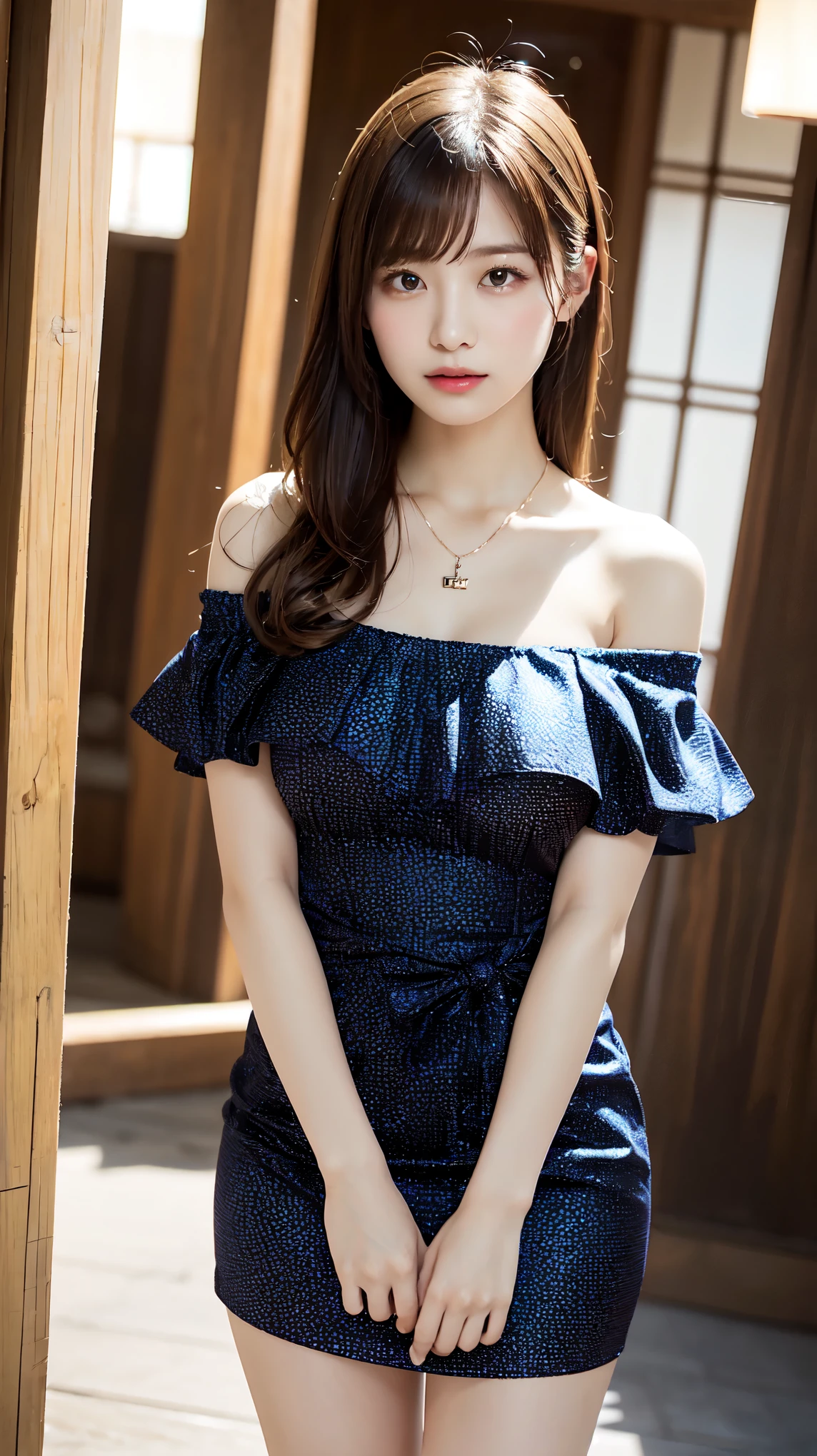 body、Full body Esbian、Picking up something that was dropped on the floor、Very small waist、(very big breasts:1.3)、ponytail、plump thighs、natural skin、Extra-fine face、 extra thin hands, Very thin fingers, Best ratio、surreal, ((cute dress、Exposing too much skin、off shoulder、The length is short and the thighs are visible))、cheeks turn red、body covered in 、Cross Necklace、((18-year-old female:1.ung adorable japanese face, official art,Highly detailed CG Unity 8K wallpaper,(masterpiece:1.0),(highest quality:1.0), 超A high resolution,4k,Super detailed, photo shoot, 8K, nffsw, High resolution, kodak portrait 400, film grain, lens flare glow,高いest quality,8K,nffsw:1.2),portrait shot,8K、View viewer
