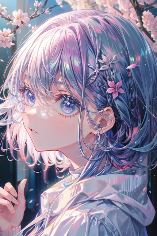 (masterpiece、8K、highest quality)、(soft light:1.3), detailed face, fine eyes,spring、(SupportHair)、light purple hair、multi color hair、bright blue eyes、cherry blossoms