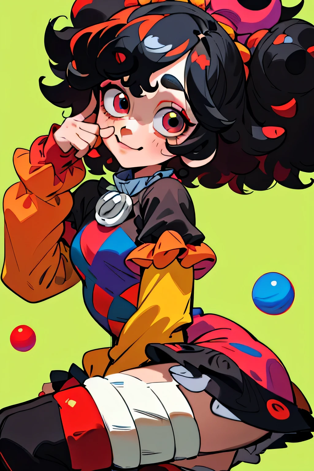 1GIRL, cute girl, finely detailed, (best quality), (intricate details), cute style, clown style, clown girl, jester style, multicolored, ((curly black hair)), best quality, ((white and red puffy long sleeve dress)), ((thigh high socks)), ((black socks)), ((round eyes)), beautiful face, happy eyes, cute face, pinup, perfect face, simple background portrait