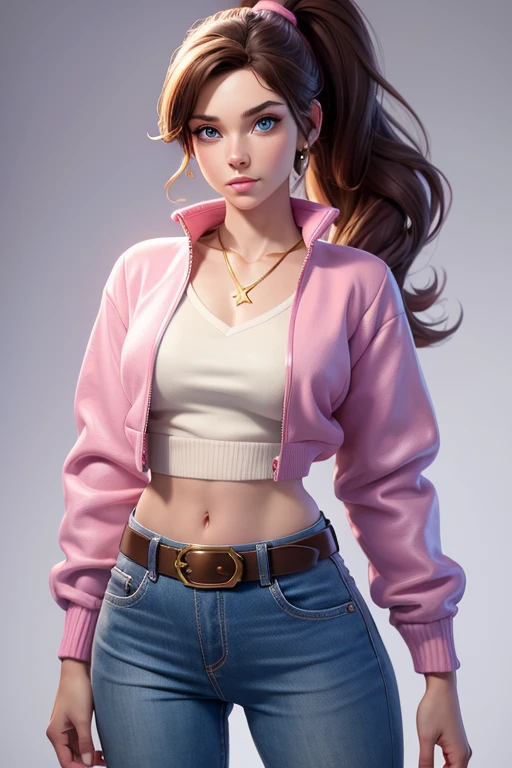 Kitty Pryde with a dark brown ponytail hair, big blue eyes, very small , belt, cotton cream top and open pink cotton sweater jacket on top!, gold necklace, low-rise white denim pants, slim body, covered navel, cropped legs, cotton, front view!, white background, realistic colors, front view, light coming from the right, 8K image quality, Masterpiece