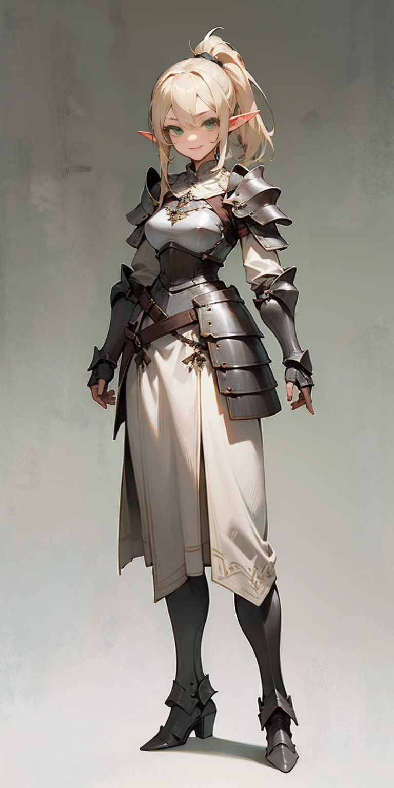 hands on sides, (masterpiece), ultra-detailed, 1girl, detailed eyes, medium breasts, gray background, elf, elf ears, (full body), , green eyes, gray background, full plate armor, comfident smile, staring at the viewer, blond hair in a ponytail, standing