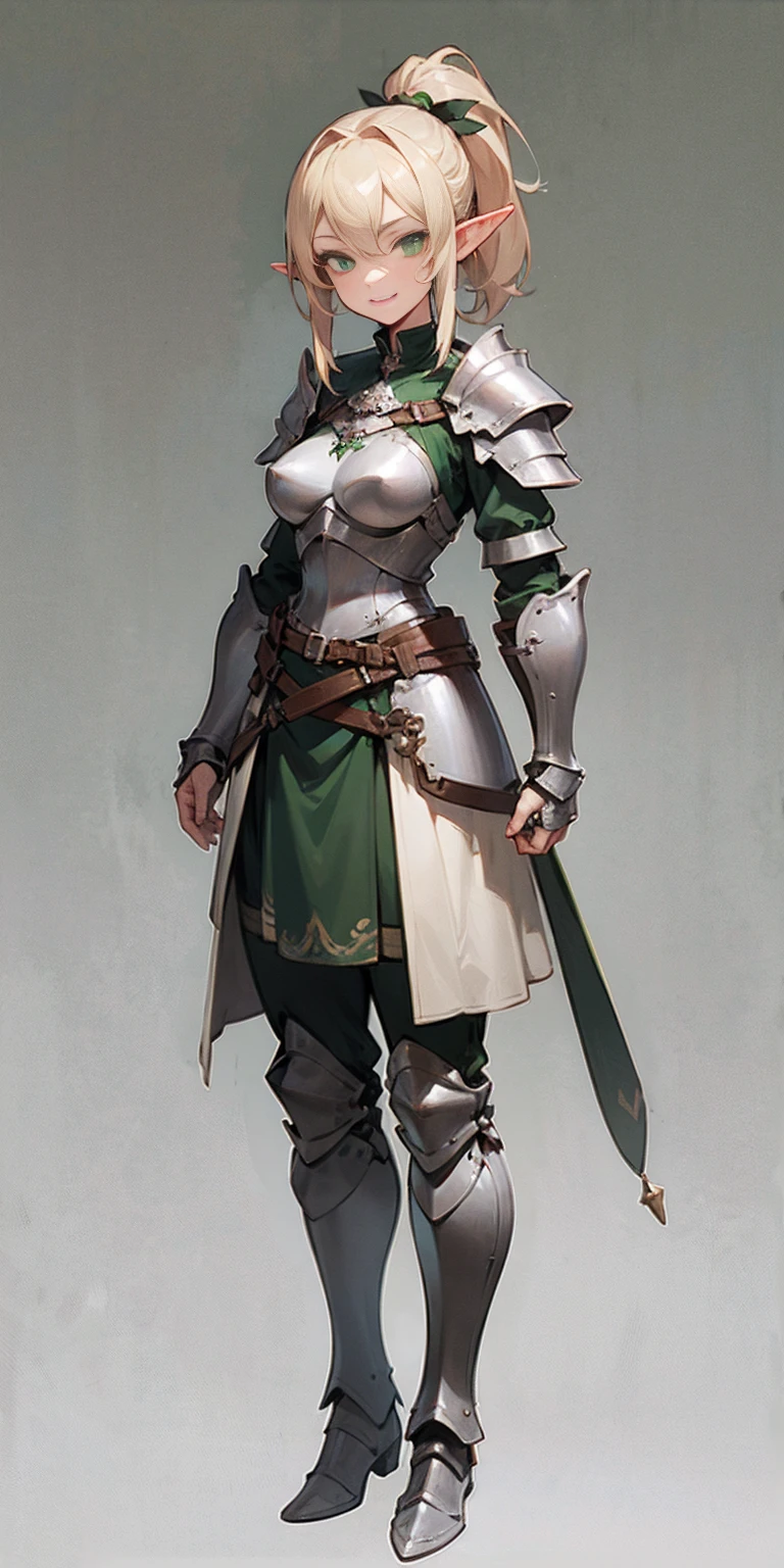 hands on sides, (masterpiece), ultra-detailed, 1girl, detailed eyes, medium breasts, gray background, elf, elf ears, (full body), , green eyes, gray background, full plate armor, comfident smile, staring at the viewer, blond hair in a ponytail, standing