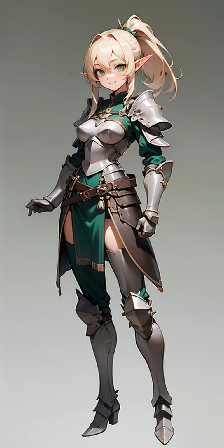 hands on sides, (masterpiece), ultra-detailed, 1girl, detailed eyes, medium breasts, gray background, elf, elf ears, (full body), , green eyes, gray background, full plate armor, comfident smile, staring at the viewer, blond hair in a ponytail, standing