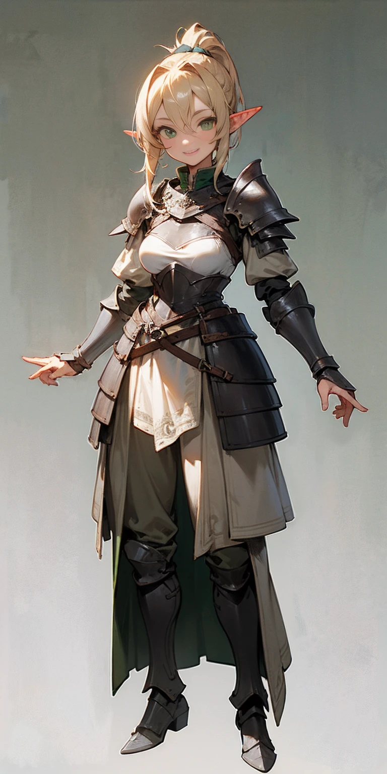 hands on sides, (masterpiece), ultra-detailed, 1girl, detailed eyes, medium breasts, gray background, elf, elf ears, (full body), , green eyes, gray background, full plate armor, comfident smile, staring at the viewer, blond hair in a ponytail, standing