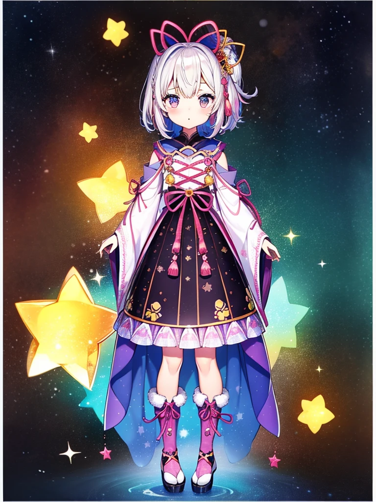 1girl、vtuber-fullbody、8K、Star Fairy、masterpiece、official art、Super detailed、super beautiful、かわいいStar Fairy、white straight short hair、Milky Way、universe、star charm、Star、baby face、Knee-high boots、Japanese pattern dress、浴衣をリメイクした黒と紺色のuniverseを思わせるOiranフリルドレス、universeを思わせるOiranフリルドレス、Oiran