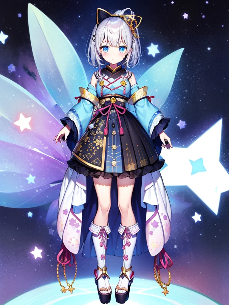 1girl、vtuber-fullbody、8K、Star Fairy、masterpiece、official art、Super detailed、super beautiful、かわいいStar Fairy、white straight short hair、Milky Way、universe、star charm、Star、baby face、Knee-high boots、Japanese pattern dress、浴衣をリメイクした黒と紺色のuniverseを思わせるOiranフリルドレス、universeを思わせるOiranフリルドレス、Oiran