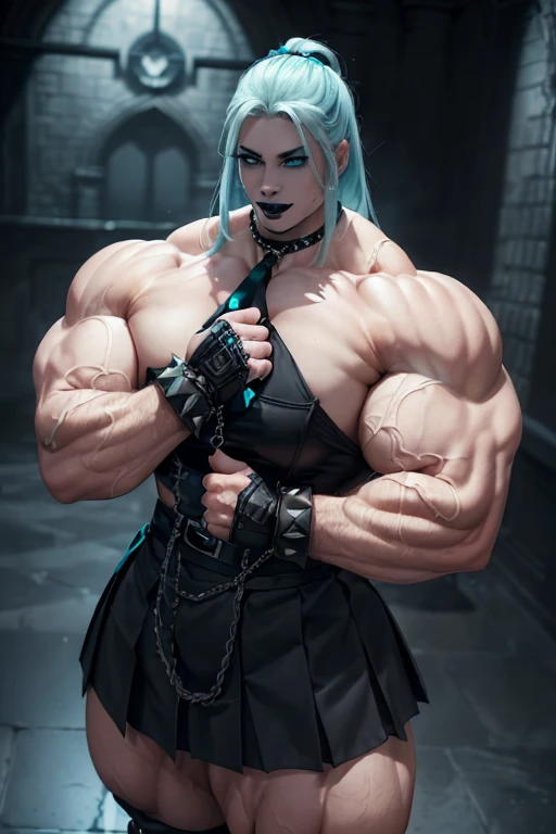 (((((Massive, tall, beautiful, buff, pale white skinned muscular with cyan hair, black lipstick, ginormous bulky muscles, wearing a black gothic uniform with pleated skirt and tie))))), close view, (black lipstick), massive muscle, massive biceps, hyper muscle shoulders, (ginormous muscle arms), hyper muscle triceps, (beachy long hair), purple eyes, choker, (chain belt), black boots, (spiked gauntlets), (fingerless gloves), (standing in a dark school), sensual glare, night, hyper vascular arm, hyper muscles arms, hyper muscle legs, (ginormous arms).