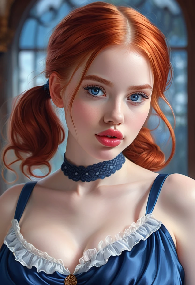 Cute Farmgirl With Pigtails. ((Red Haired Woman, Hairlong)), Perfectly Round Face. Beautiful Cute Face, Big Beautiful Voluptuous Lips, Charming Beauty, ((Kind Expression On His Face)), ((Big Beautiful Detailed Blue Eyes)), Thin Waist, Wide Hips ((Frilly Dark Blue Dress, Demure dress, very high neckline)) (Higly Detailed)),Official Art, Award Winning Digital Painting, Digital Illustration, Extreme Detail, 4k, Ultra Hd, Rococo, Polished, Intricate, Realistic Fantasy Art, Sharp Focus, Concept Art, Art By Wlop, Artgerm, (2d Vector Illustration) Light, Airy, HourGlass Figure. Ellie Bamber
