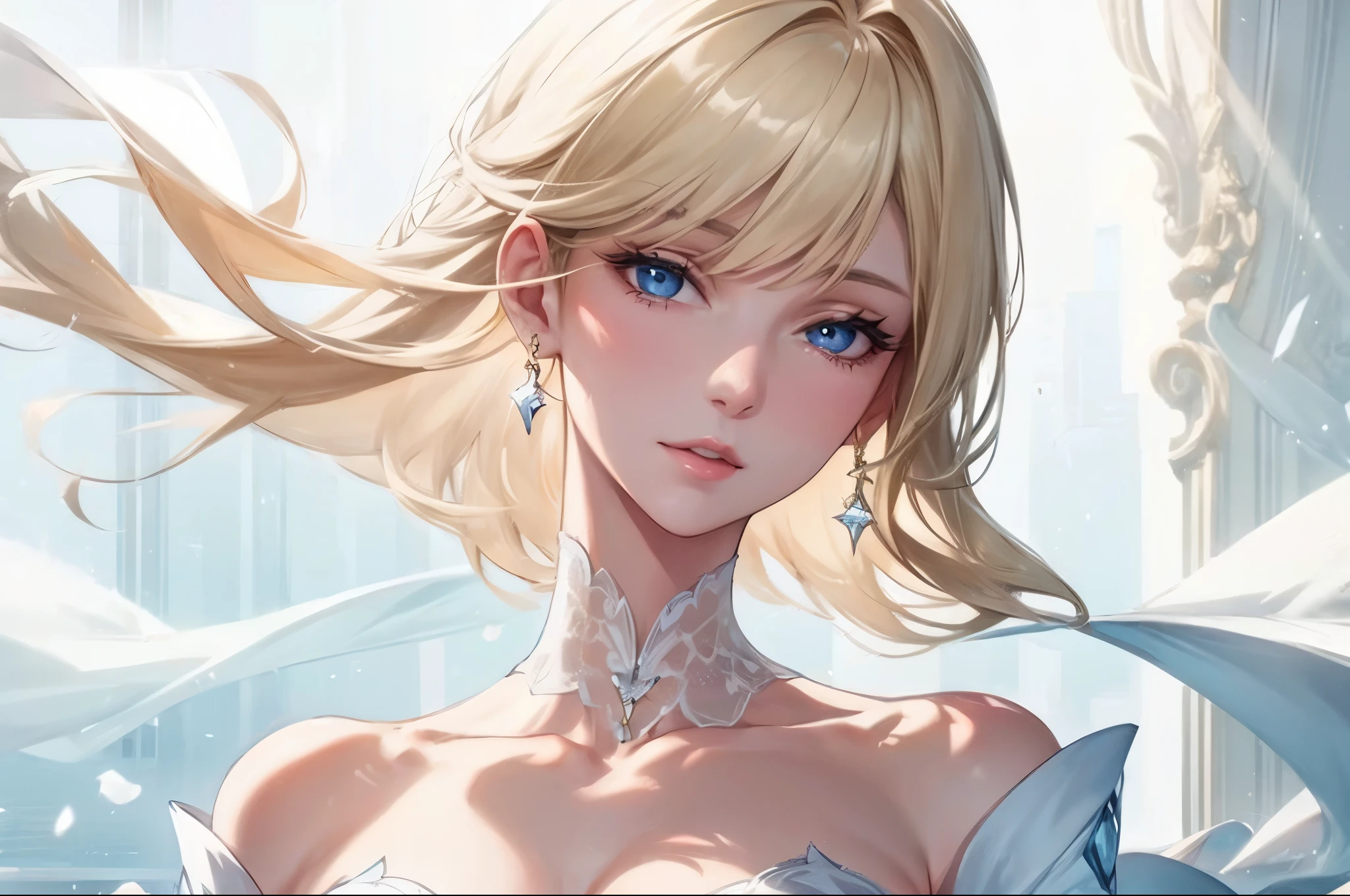realistic, Elegant mature woman, blue eyes, blonde, big chest, high resolution cg 8k, beautiful cg, soft light