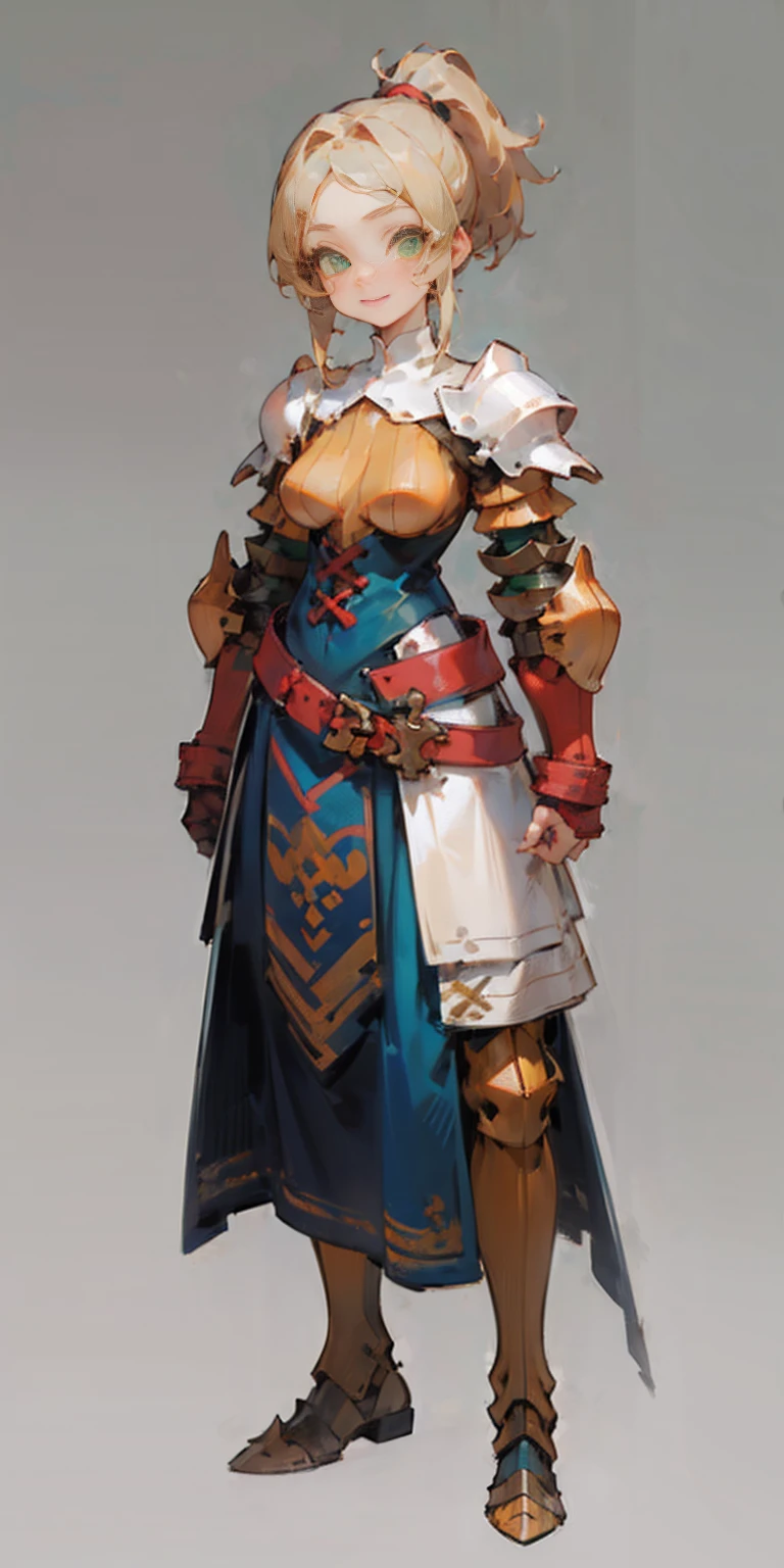 hands on sides, (masterpiece), ultra-detailed, 1girl, detailed eyes, medium breasts, gray background, (full body), green eyes, gray background, full plate armor, confident smile, staring at the viewer, blond hair in a ponytail, standing
