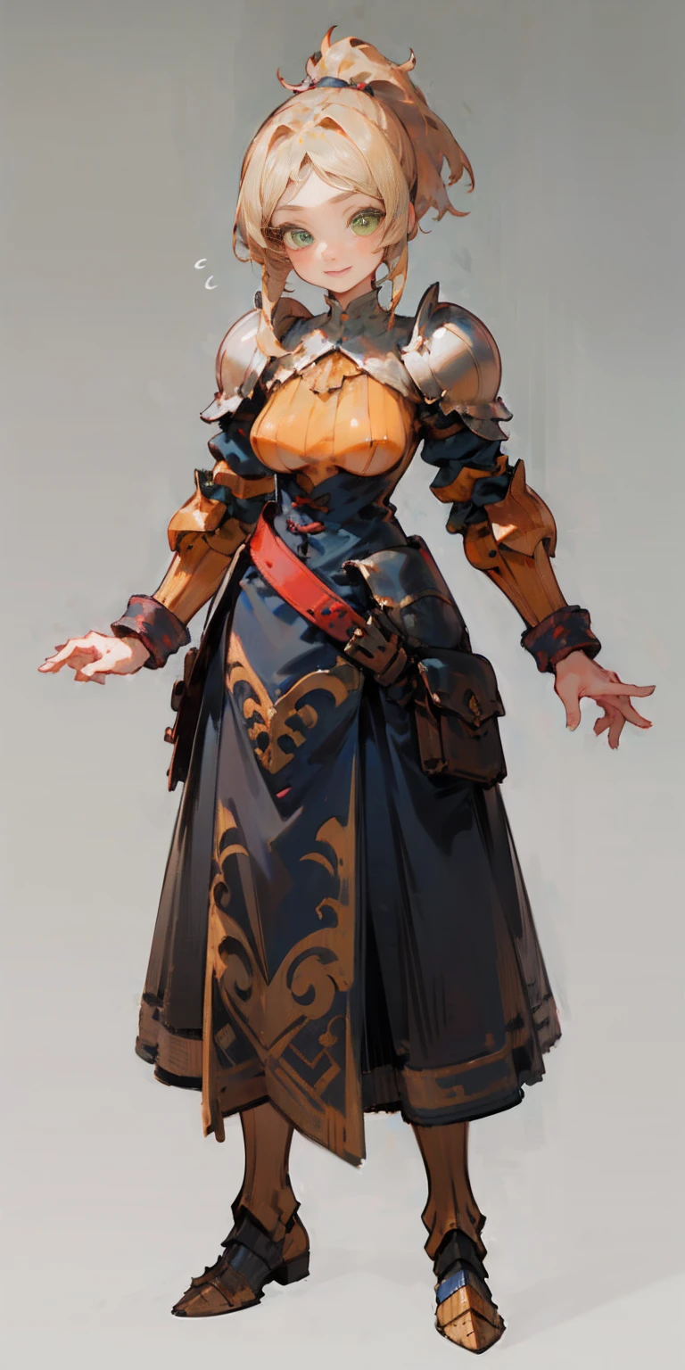 hands on sides, (masterpiece), ultra-detailed, 1girl, detailed eyes, medium breasts, gray background, (full body), green eyes, gray background, full plate armor, confident smile, staring at the viewer, blond hair in a ponytail, standing