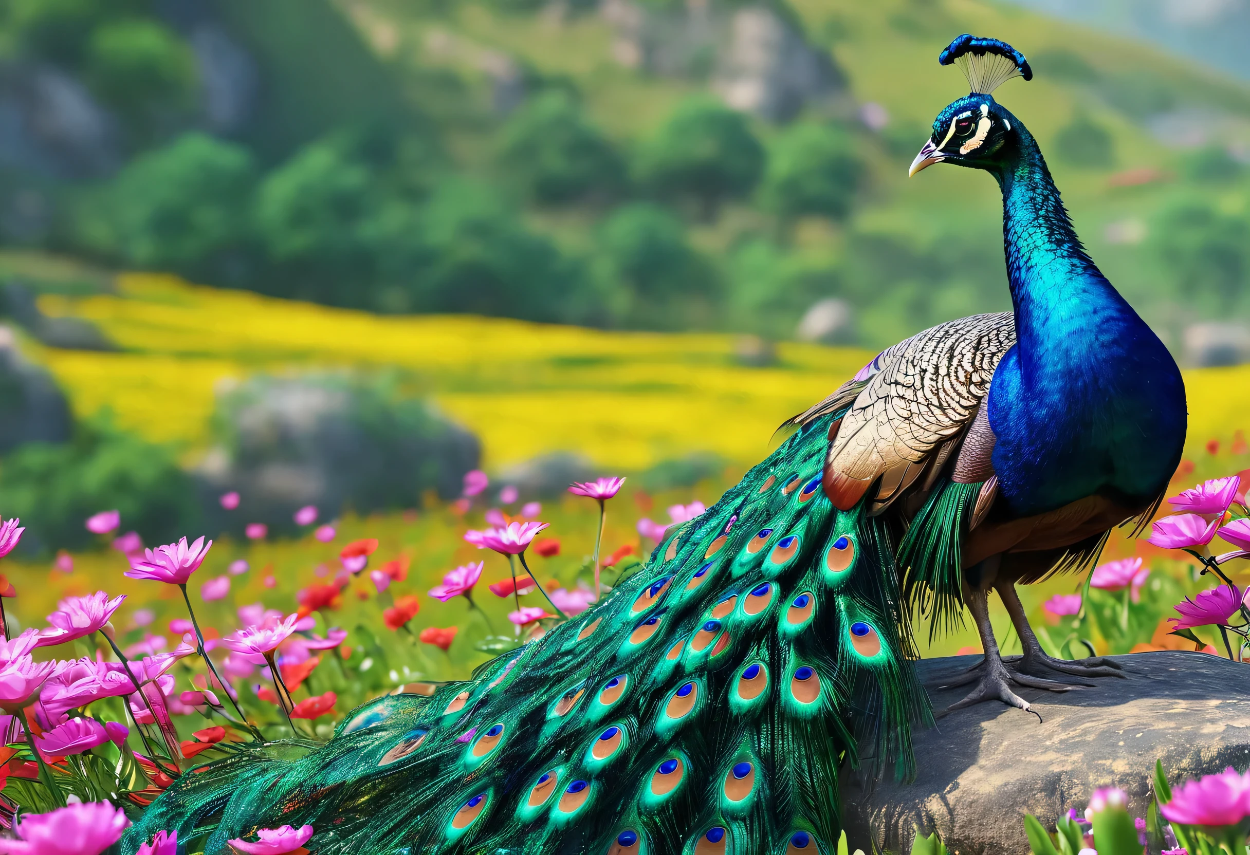 A peacock standing on a rock in a flower field, 4k Highly detailed digital art, beautiful digital artwork, 8K high quality detailed art, Beautiful Art UHD 4K, 8K Highly Detailed Art, Highly detailed art in 4K, beautiful digital art, Highly detailed digital art, very beautiful digital art, highly detailed digital paintings, Beautiful digital painting