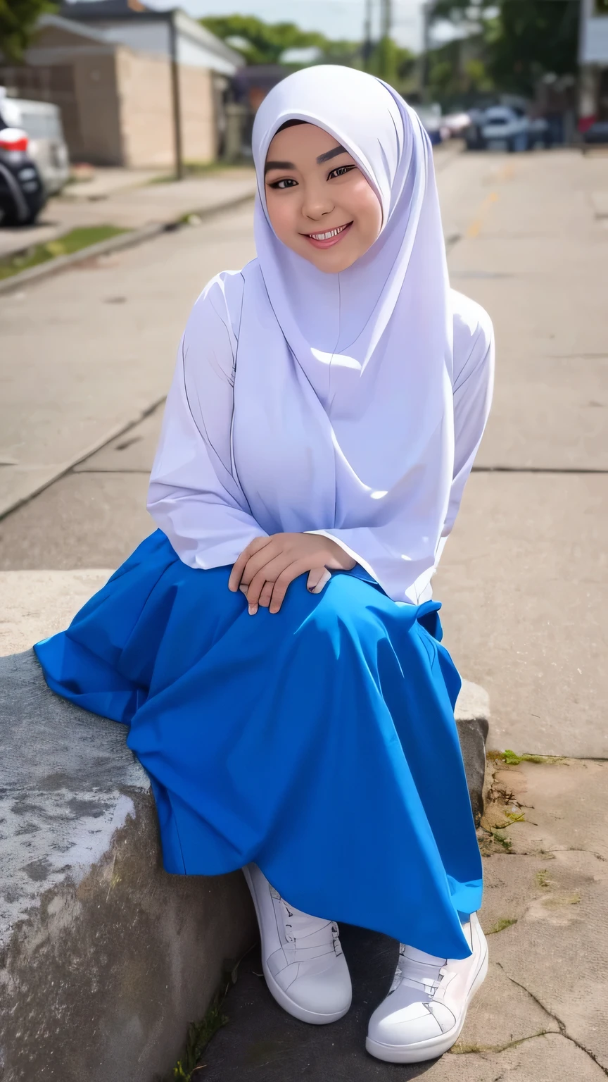 1 girl, (white dress), wearing hijab, ((blue skirt)), long sleeve, (teenager), tiny, babyface, beautiful, very pretty, blushing, flawless, best quality, masterpiece, ultra high resolution, (photo realistic:1.4), raw photo, (large breasts,full body:1.2), look at camera, smile, (chruch background), elegant, japanese,