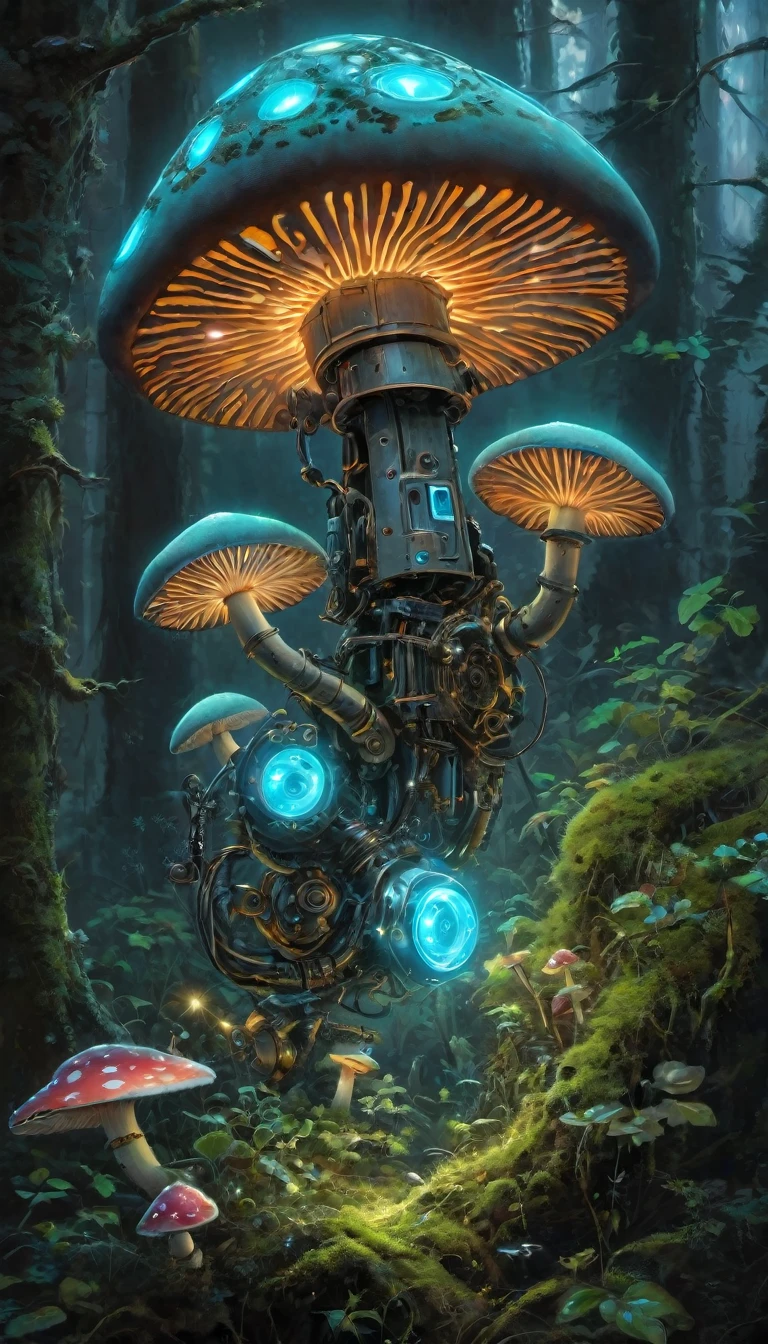 Bioluminescent Mushroom Robot, painting, Detailed robot with glowing mushrooms, bright colors, Hyper-realistic lighting, Super detailed mushroom, Realistic design, Complex components, Enchanted forest setting, Mossy limbs, Mossy appearance, Mechanical gears, Ethereal atmosphere