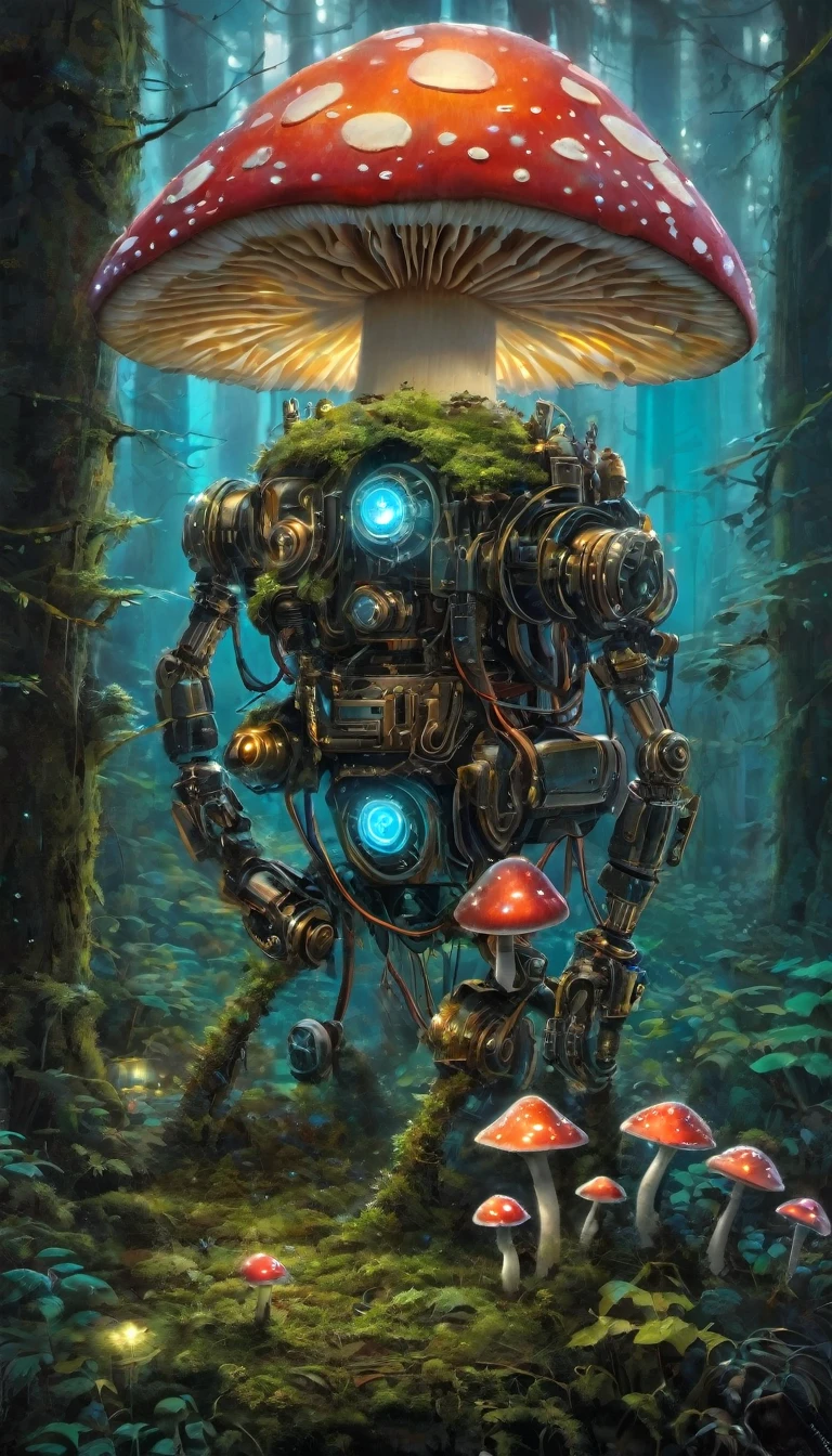 Bioluminescent Mushroom Robot, painting, Detailed robot with glowing mushrooms, bright colors, Hyper-realistic lighting, Super detailed mushroom, Realistic design, Complex components, Enchanted forest setting, Mossy limbs, Mossy appearance, Mechanical gears, Ethereal atmosphere