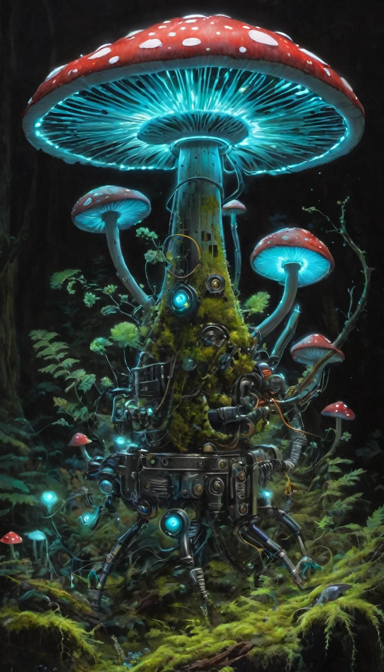 Bioluminescent Mushroom Robot, painting, Detailed robot with glowing mushrooms, bright colors, Hyper-realistic lighting, Super detailed mushroom, Realistic design, Complex components, Enchanted forest setting, Mossy limbs, Mossy appearance, Mechanical gears, Ethereal atmosphere