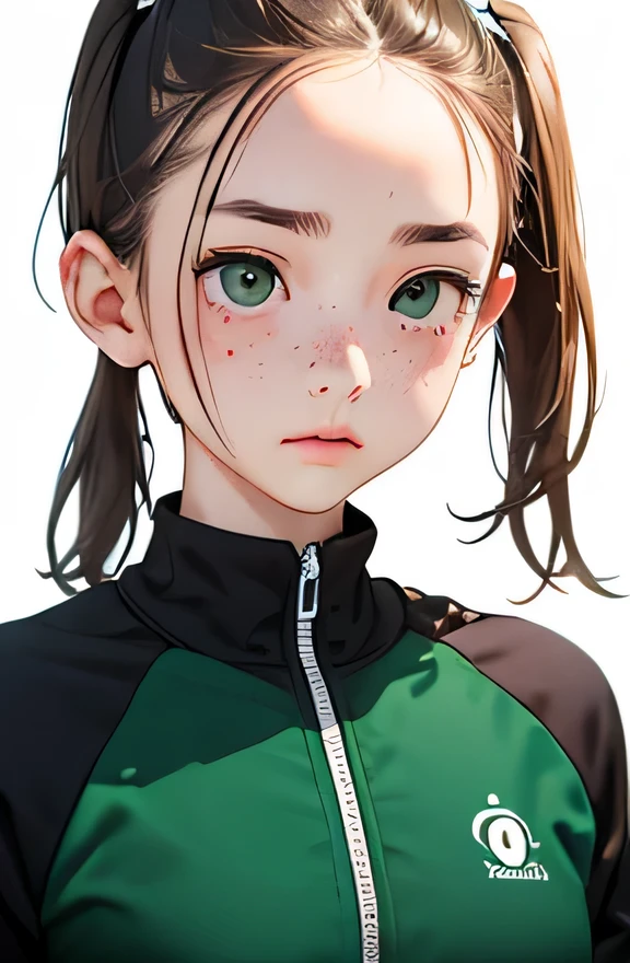 highest quality、realistic、Japanese、girl、zoom、look up、cute、green eyes、Pigtails、freckles、chestnut hair、all back、The forehead is out、playground、Gym suit、sprinting、Sweat、bust shot、slender、small breasts