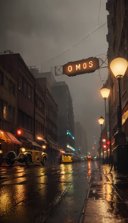 in the rain, 8k artistic 1920s photography, kodak chrome : : 8k, James Gurney Cinematic Lighting, cinematic street lighting, Unreal Engine. Retro Film Stills, Dystopian retro 1920s atmosphere, Written by John La Gatta, Written by Mike Winkelman, Movie Photography Concept Art