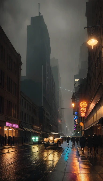 in the rain, 8k artistic 1920s photography, kodak chrome : : 8k, James Gurney Cinematic Lighting, cinematic street lighting, Unreal Engine. Retro Film Stills, Dystopian retro 1920s atmosphere, Written by John La Gatta, Written by Mike Winkelman, Movie Photography Concept Art