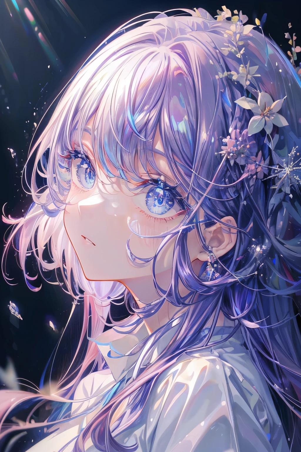 (masterpiece、8K、highest quality)、(soft light:1.3), detailed face, fine eyes,spring、(SupportHair)、light purple hair、multi color hair、bright blue eyes、Sakura Snowstorm
