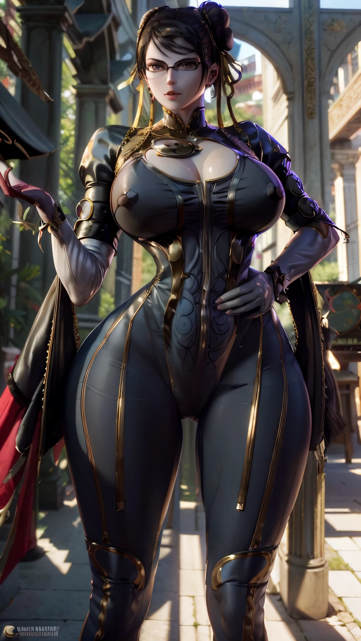 (masterpiece), (best quality), 8k resolution, ultra-detailed, hyper-detailed, realistic, photograph, photorealism, (1girl), Bayonetta wearing Chun Li's costume, Chun Li costume, perfect body, smile, posing for photo, huge breasts, muscles, thick thighs, thick legs, wide hips, slim waist, hourglass figure, (full body)